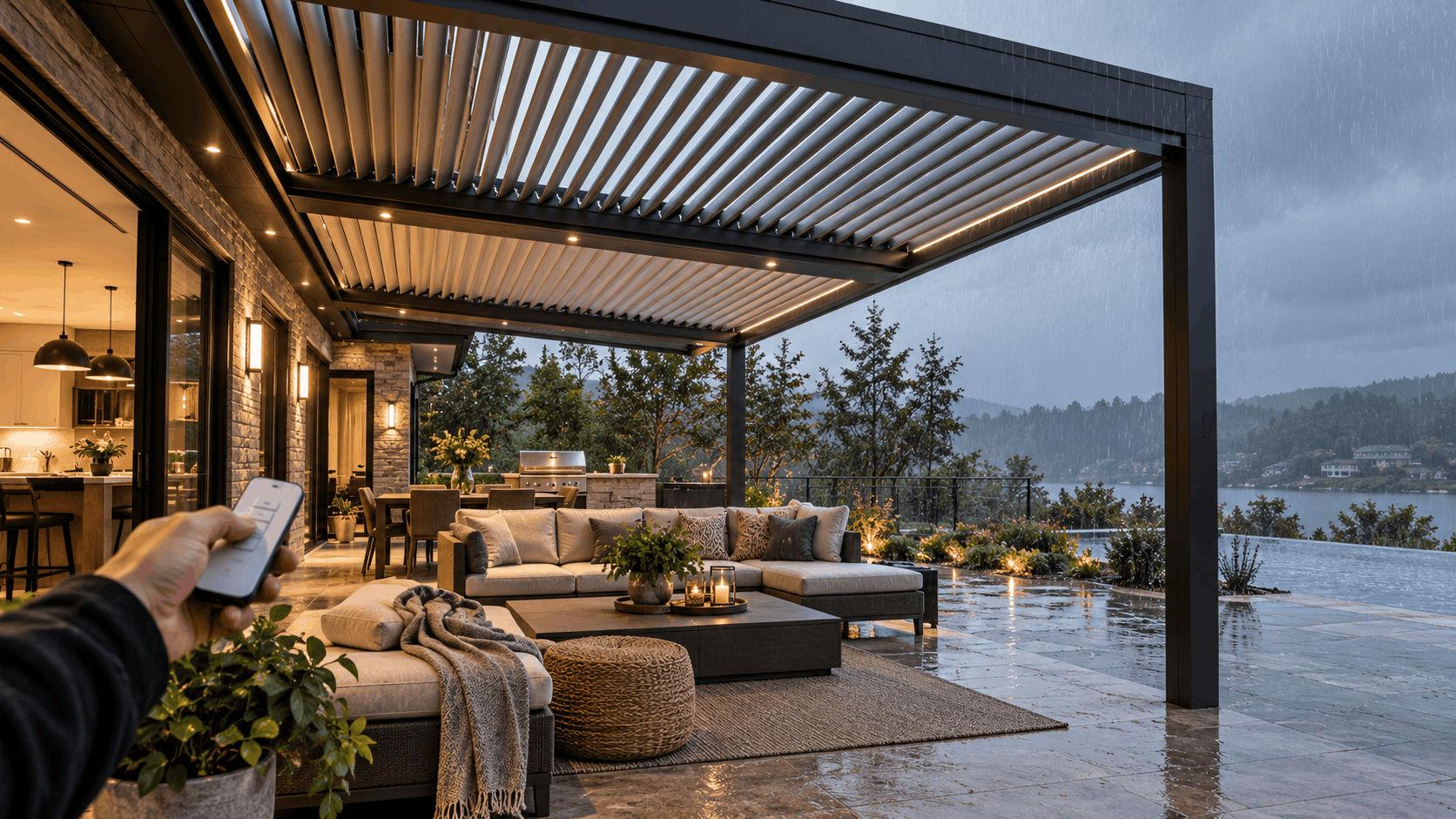 Motorized louvered pergola covering a luxury outdoor patio in the rain, with adjustable roof slats and remote control operation.