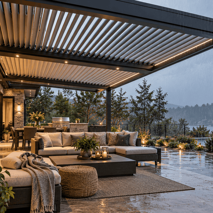 Motorized louvered pergola covering a luxury outdoor patio in the rain, with adjustable roof slats and remote control operation.