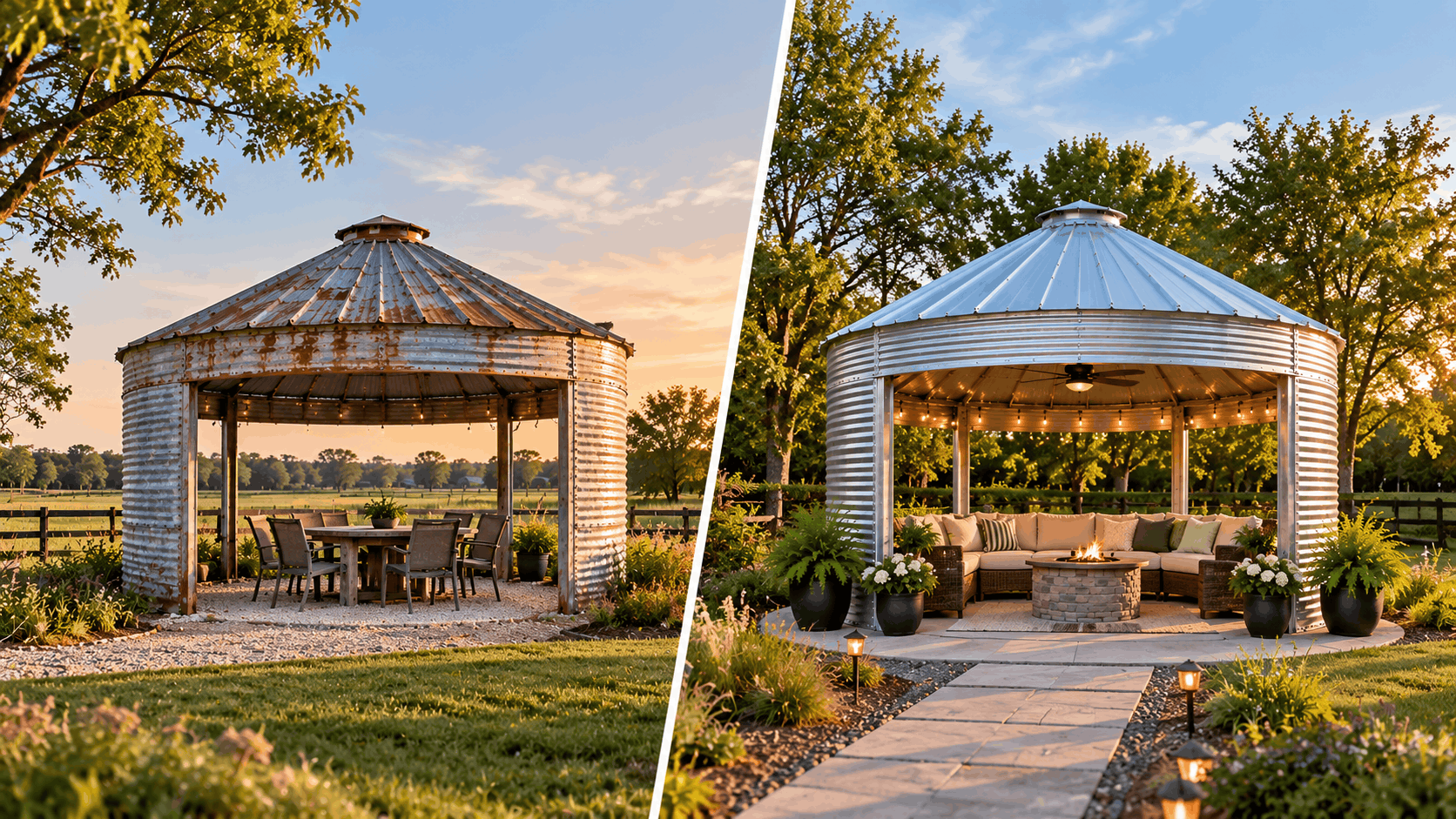 Side-by-side comparison of a lightly weathered used grain bin gazebo and a new galvanized grain bin gazebo with finished landscaping and outdoor seating.