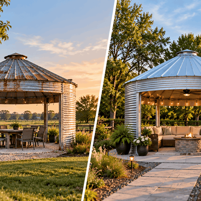Side-by-side comparison of a lightly weathered used grain bin gazebo and a new galvanized grain bin gazebo with finished landscaping and outdoor seating.