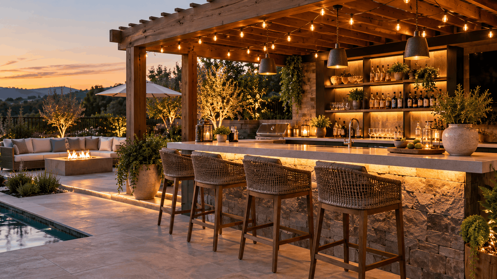 Outdoor backyard bar under a pergola with bar stools, warm lighting, and a stylish layout for evening entertaining.