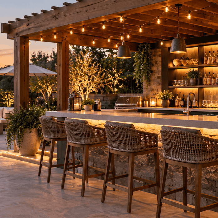 Outdoor backyard bar under a pergola with bar stools, warm lighting, and a stylish layout for evening entertaining.