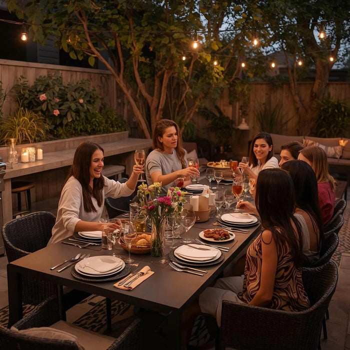 A natural evening patio dining scene with string lights and a built-in grill, showing Airbnb guests enjoying dinner and drinks around a modern outdoor table surrounded by lush plants.