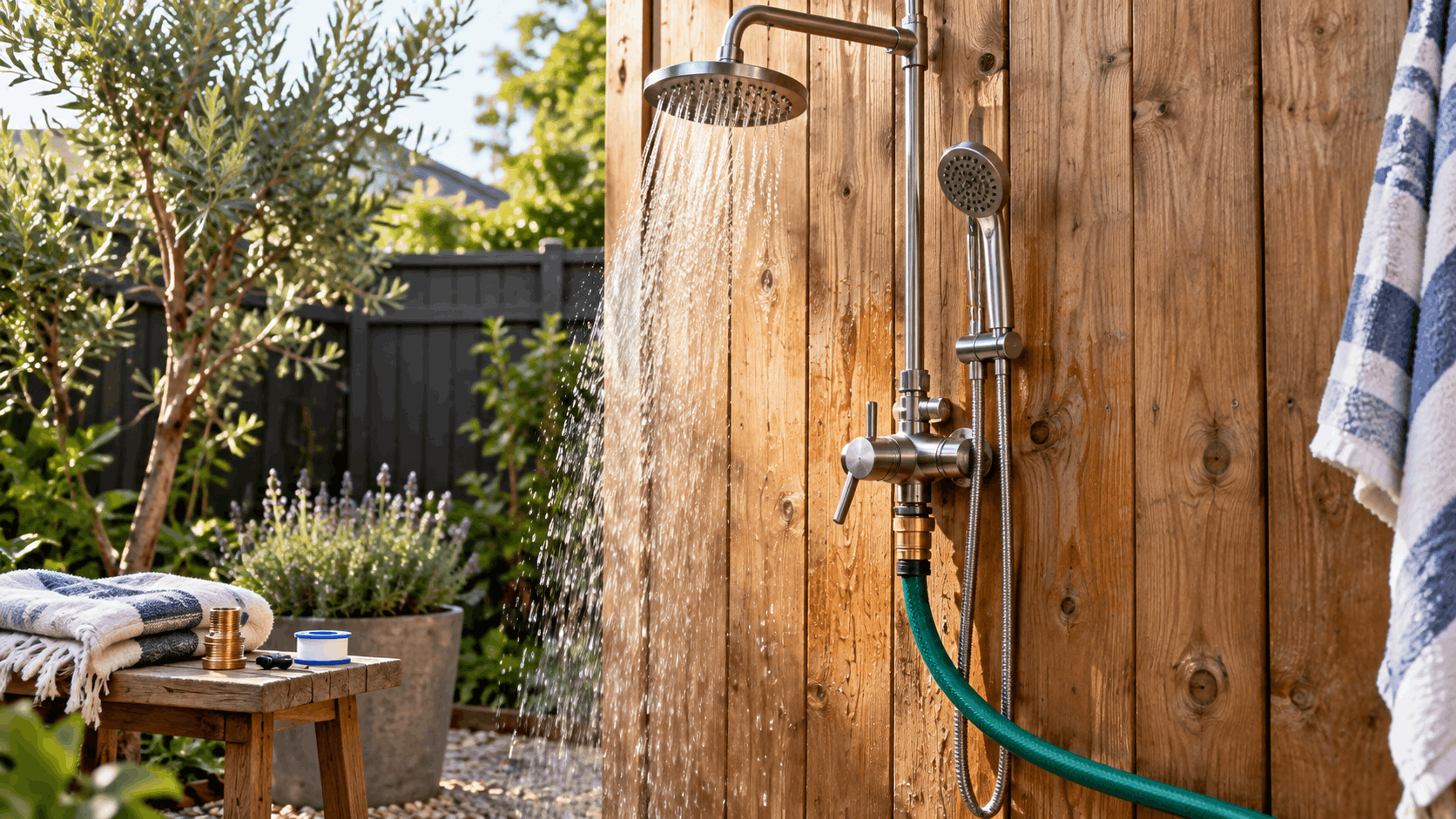 Outdoor shower connected to a green garden hose with a brass adapter on a wooden wall