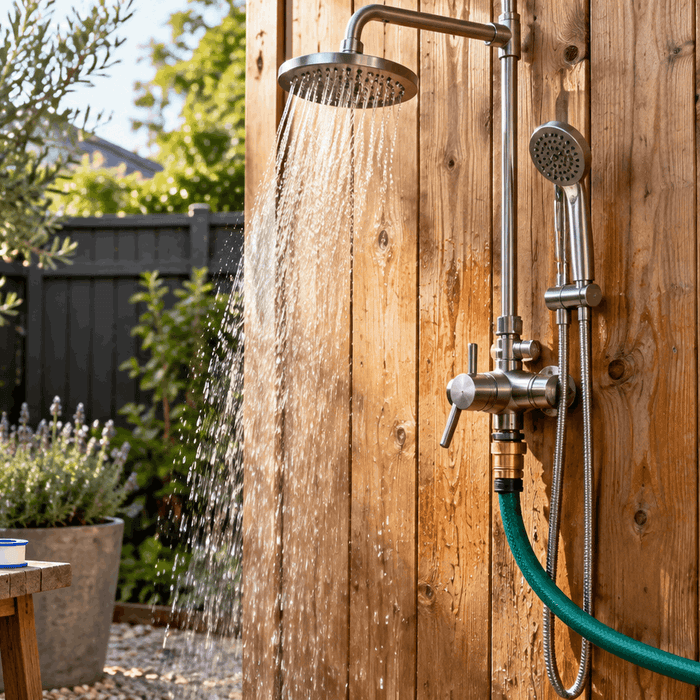 Outdoor shower connected to a green garden hose with a brass adapter on a wooden wall