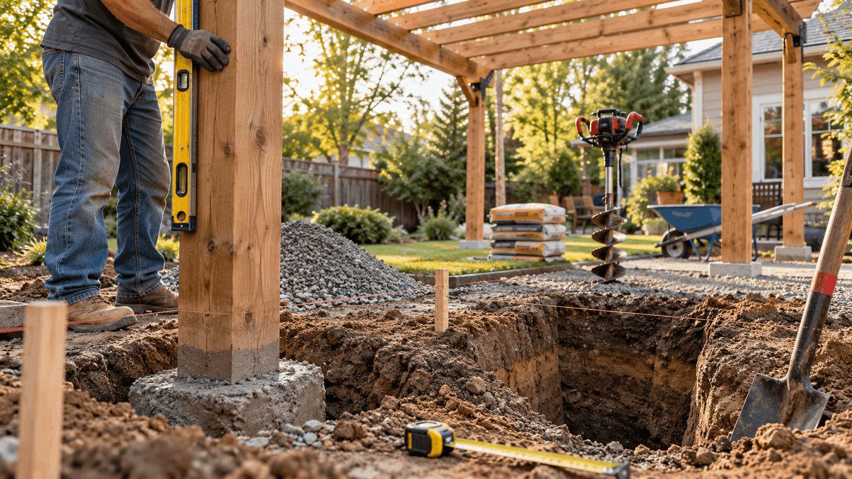 Pergola post being leveled in a concrete footing with dug post holes and construction tools in a backyard