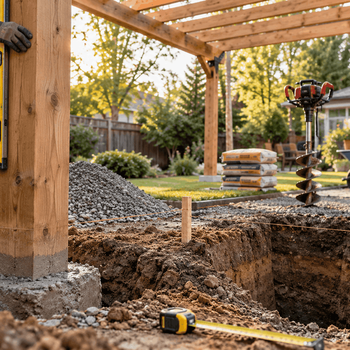 Pergola post being leveled in a concrete footing with dug post holes and construction tools in a backyard