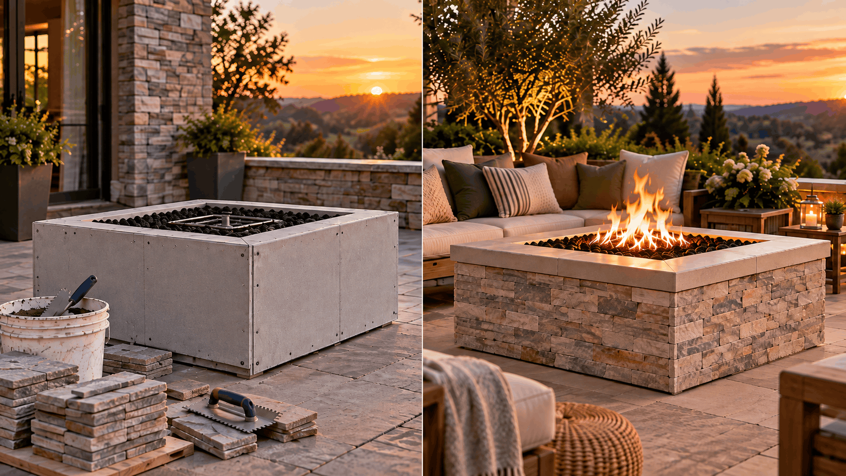 Side-by-side comparison of an unfinished ready-to-finish fire pit frame and a completed stone-clad fire pit burning on a landscaped patio.