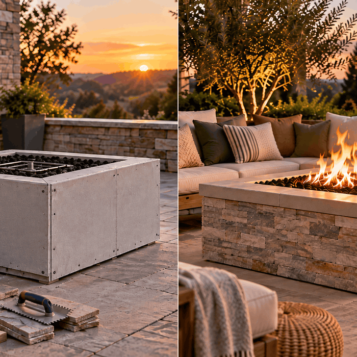 Side-by-side comparison of an unfinished ready-to-finish fire pit frame and a completed stone-clad fire pit burning on a landscaped patio.