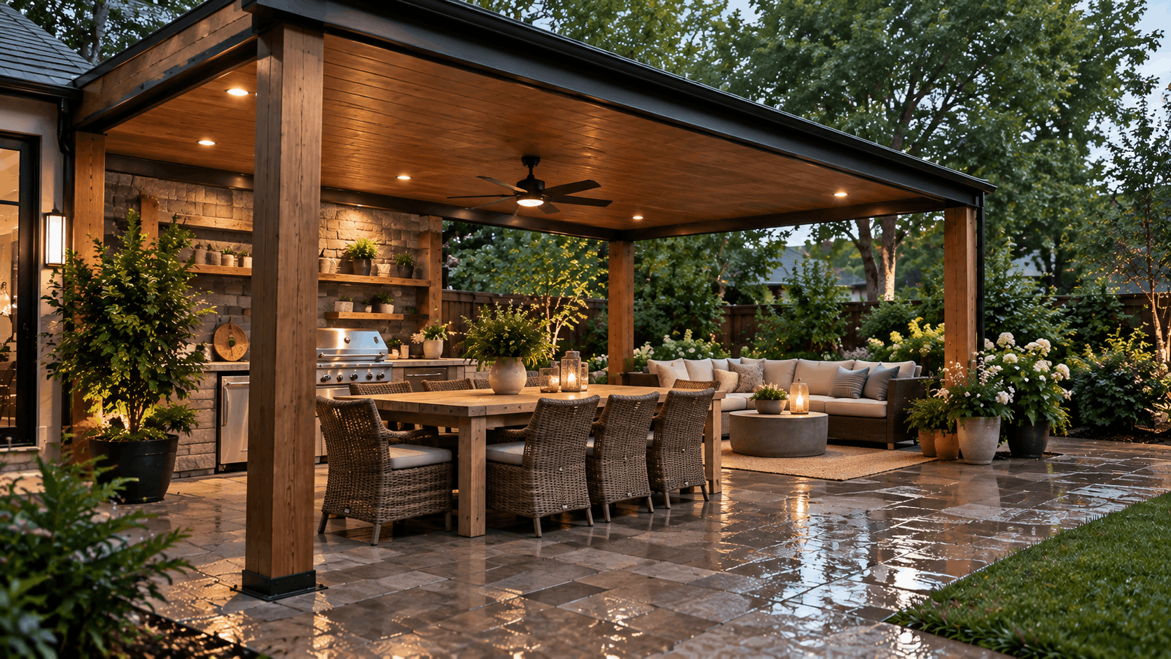Solid roof pergola protecting an outdoor dining and lounge area from rain in a landscaped backyard