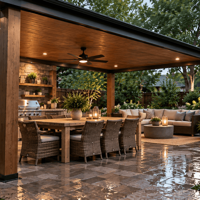 Solid roof pergola protecting an outdoor dining and lounge area from rain in a landscaped backyard