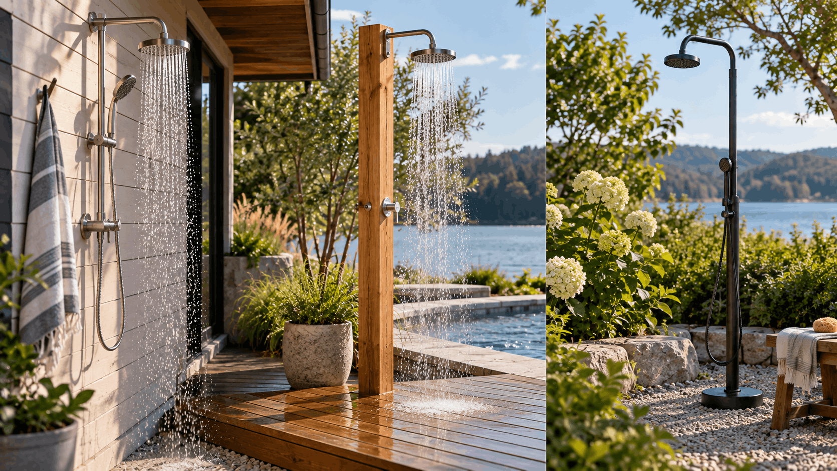 Wall-mounted, deck-mounted, and freestanding outdoor shower options shown in a landscaped backyard setting