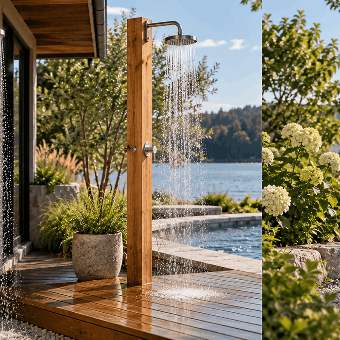 Wall-mounted, deck-mounted, and freestanding outdoor shower options shown in a landscaped backyard setting