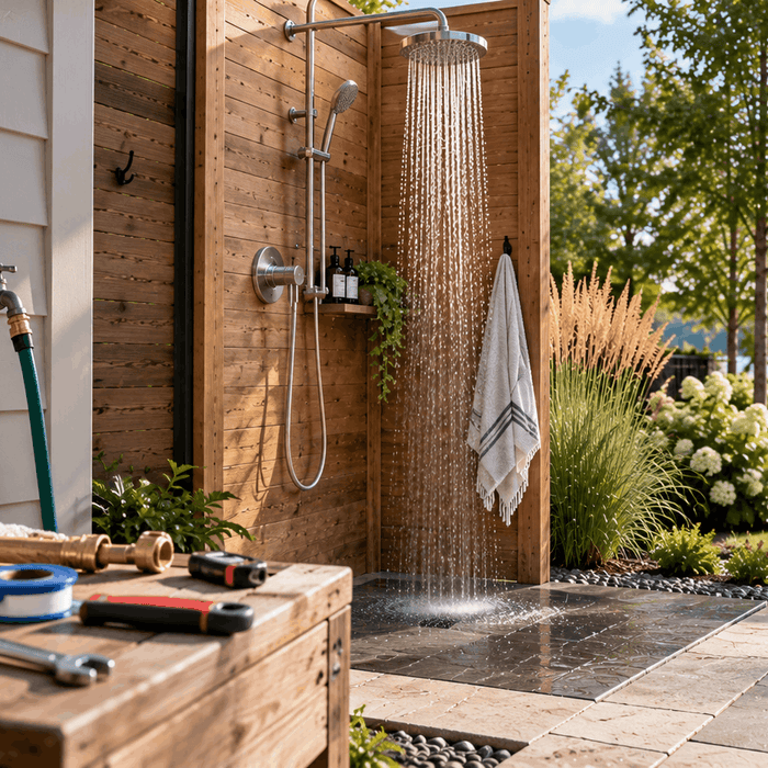 Wall-mounted outdoor shower kit with exposed hose connection, tools on a wooden bench, and water running from the showerhead in a landscaped backyard