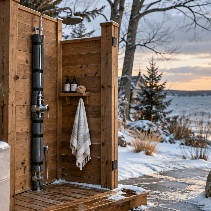 Outdoor shower in a snowy backyard with insulated exposed pipes and winter protection for cold climates