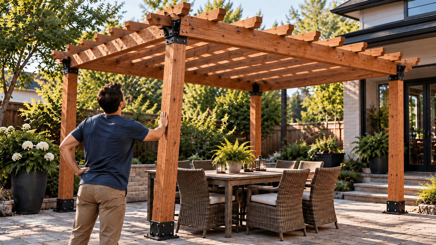 Man inspecting a slightly leaning wooden pergola with visible brackets and posts on a backyard paver patio