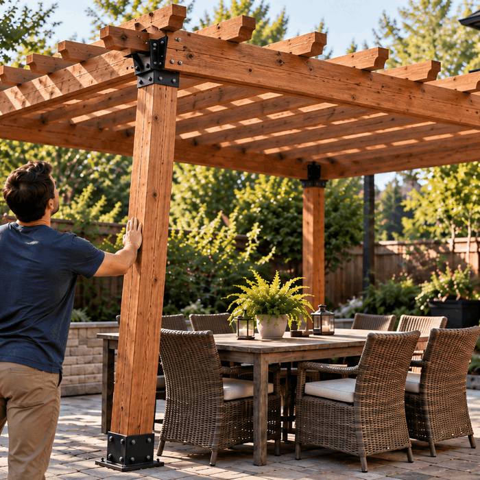 Man inspecting a slightly leaning wooden pergola with visible brackets and posts on a backyard paver patio