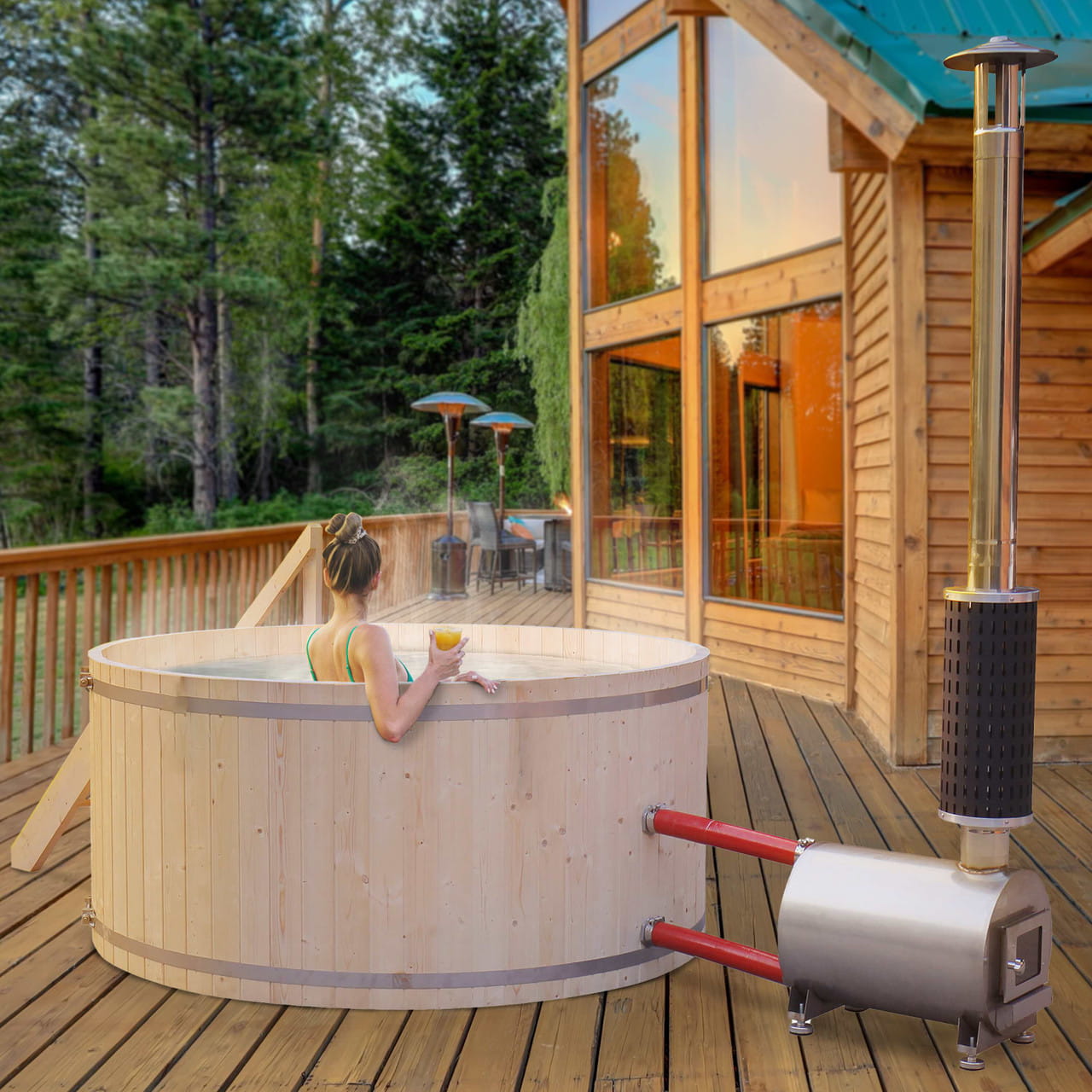 Aleko 4–5 Person Pine Wood-Fired Hot Tub & Ice Bath – 422 Gal Outdoor Soaking