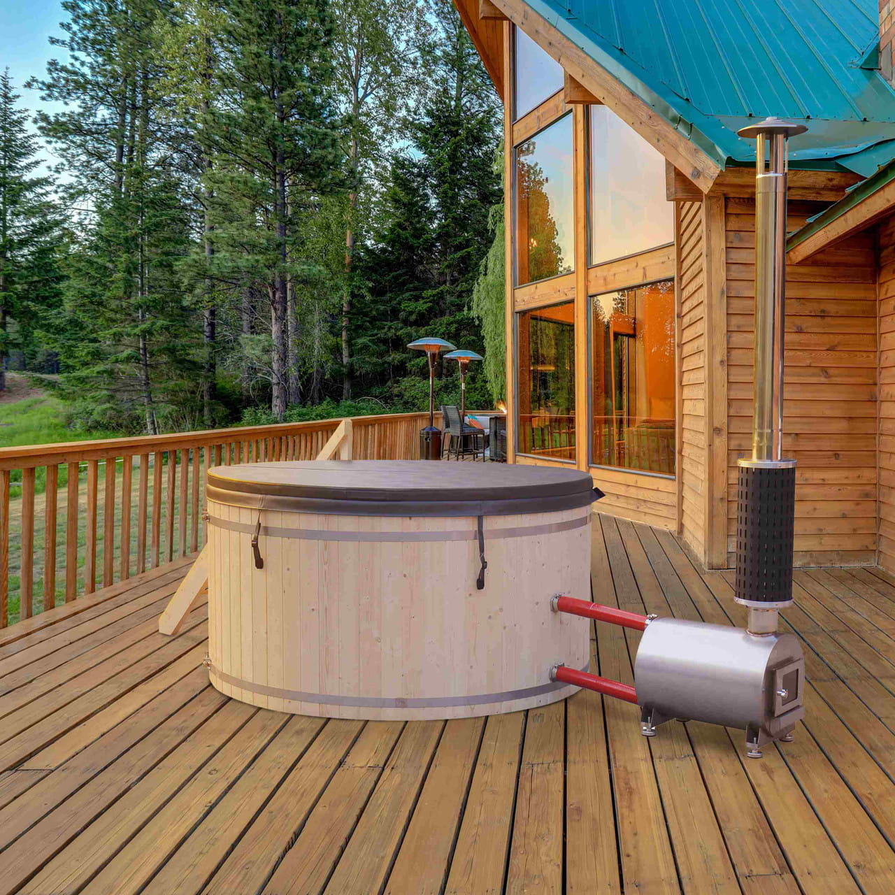 Aleko 4–5 Person Pine Wood-Fired Hot Tub & Ice Bath – 422 Gal Outdoor Soaking