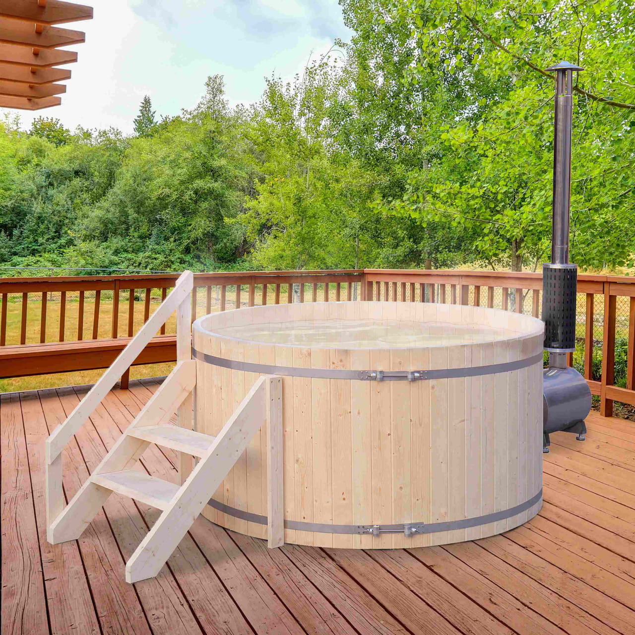 Aleko 4–5 Person Pine Wood-Fired Hot Tub & Ice Bath – 422 Gal Outdoor Soaking