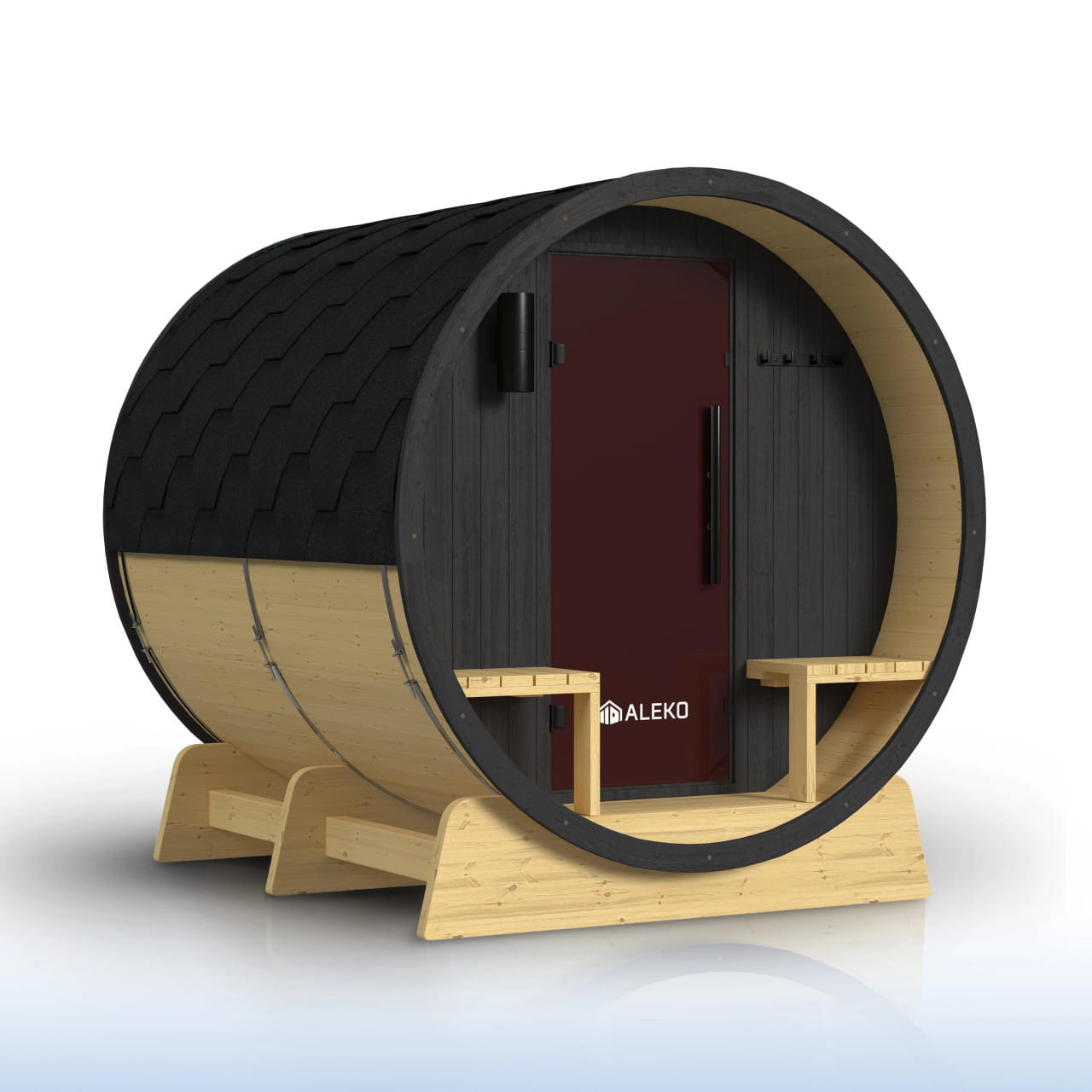 ALEKO Anémona 6–8 Person Finland Pine Barrel Sauna Porch – Black Accents