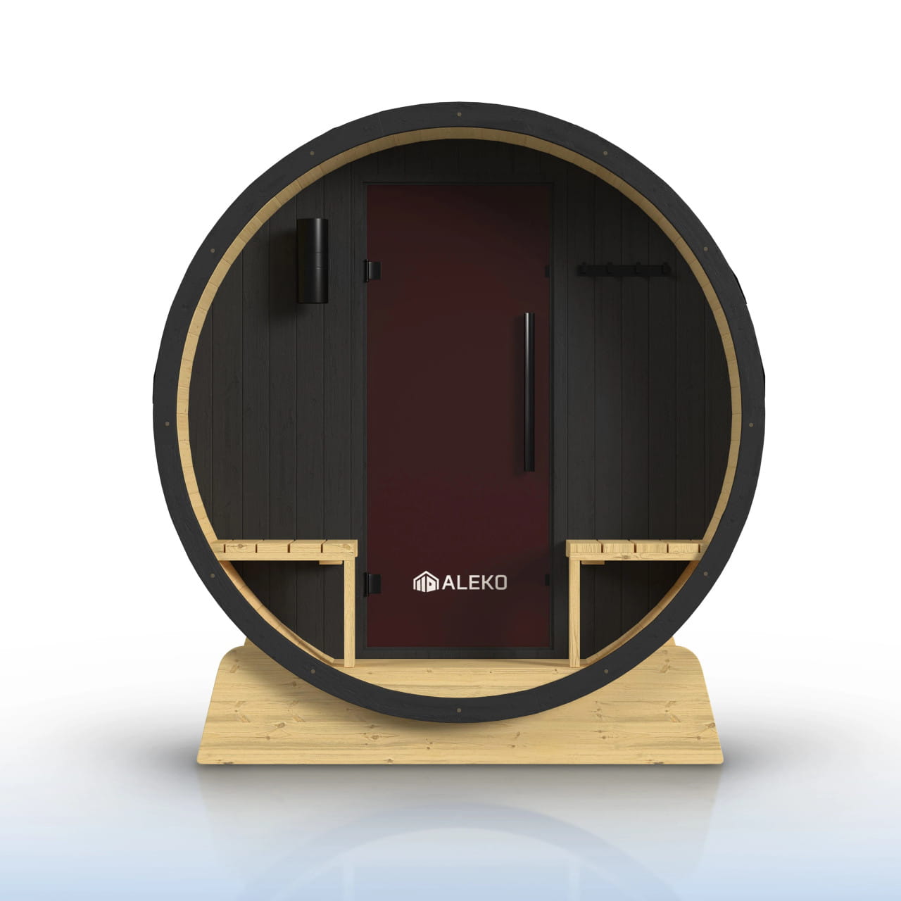 ALEKO Anémona 6–8 Person Finland Pine Barrel Sauna Porch – Black Accents