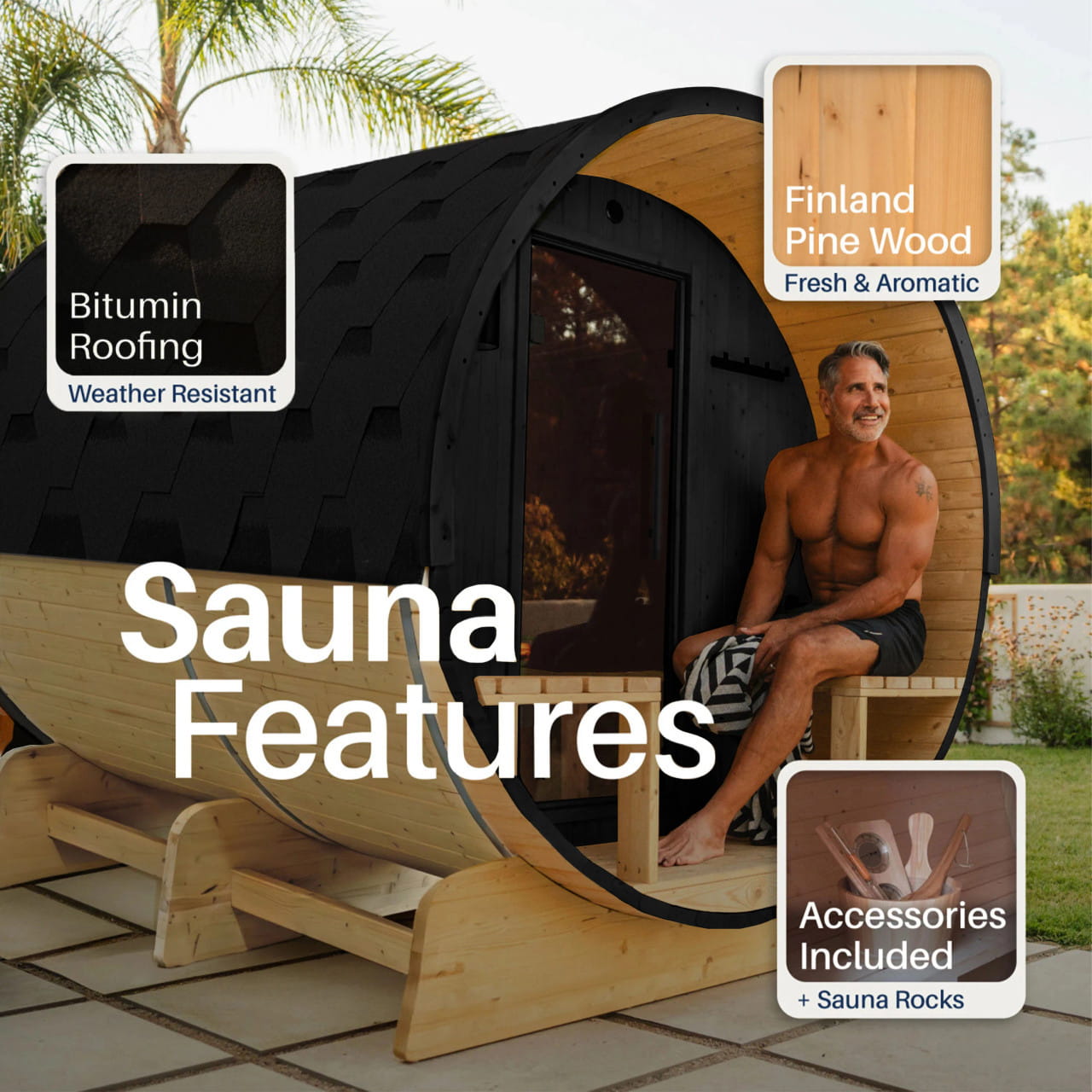 ALEKO Anémona 6–8 Person Finland Pine Barrel Sauna Porch – Black Accents