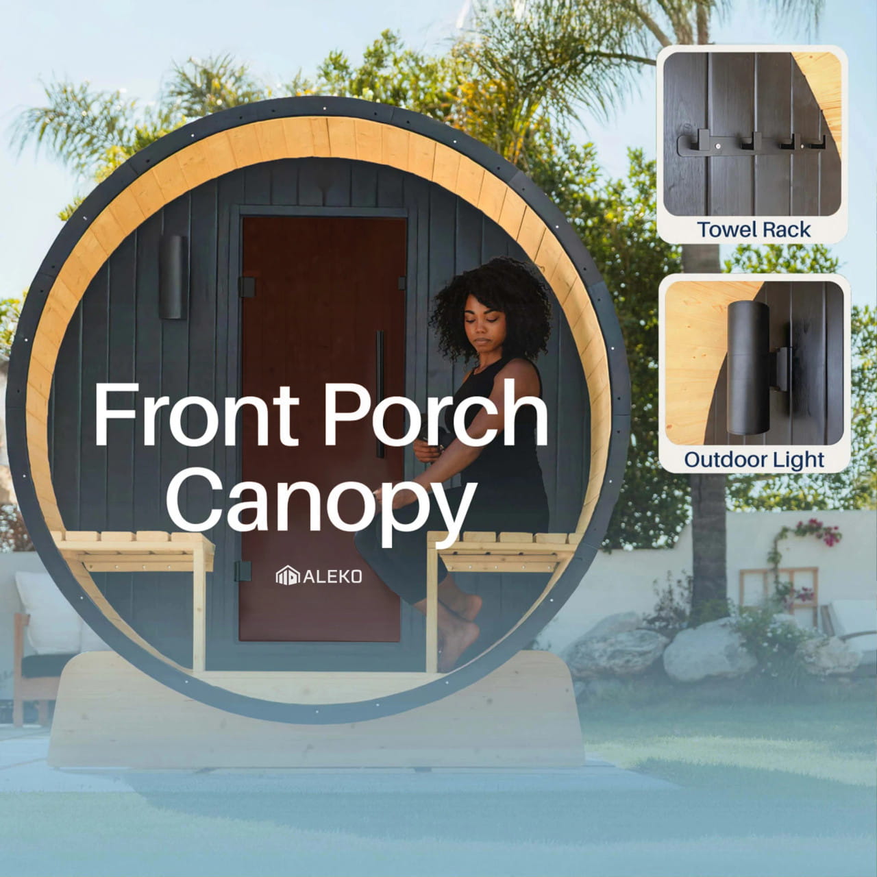 ALEKO Anémona 6–8 Person Finland Pine Barrel Sauna Porch – Black Accents