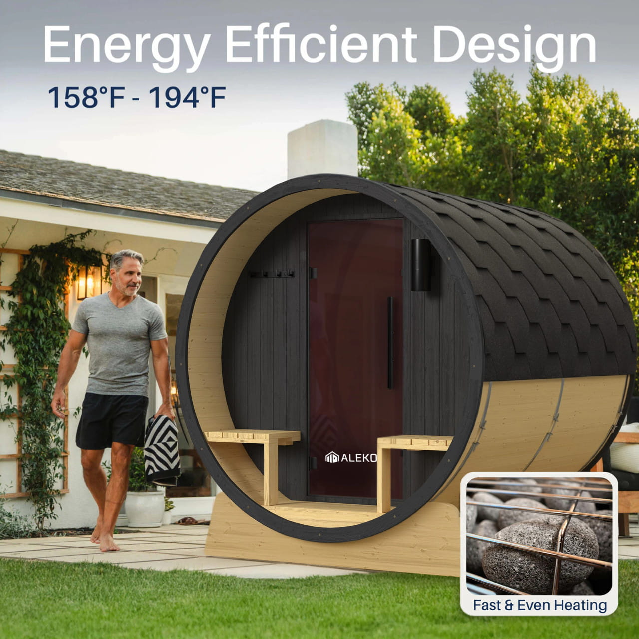 ALEKO Anémona 6–8 Person Finland Pine Barrel Sauna Porch – Black Accents