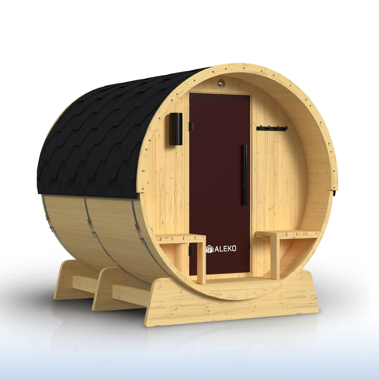 ALEKO Anémona 6–8 Person Finland Pine Barrel Sauna with Porch – Harvia