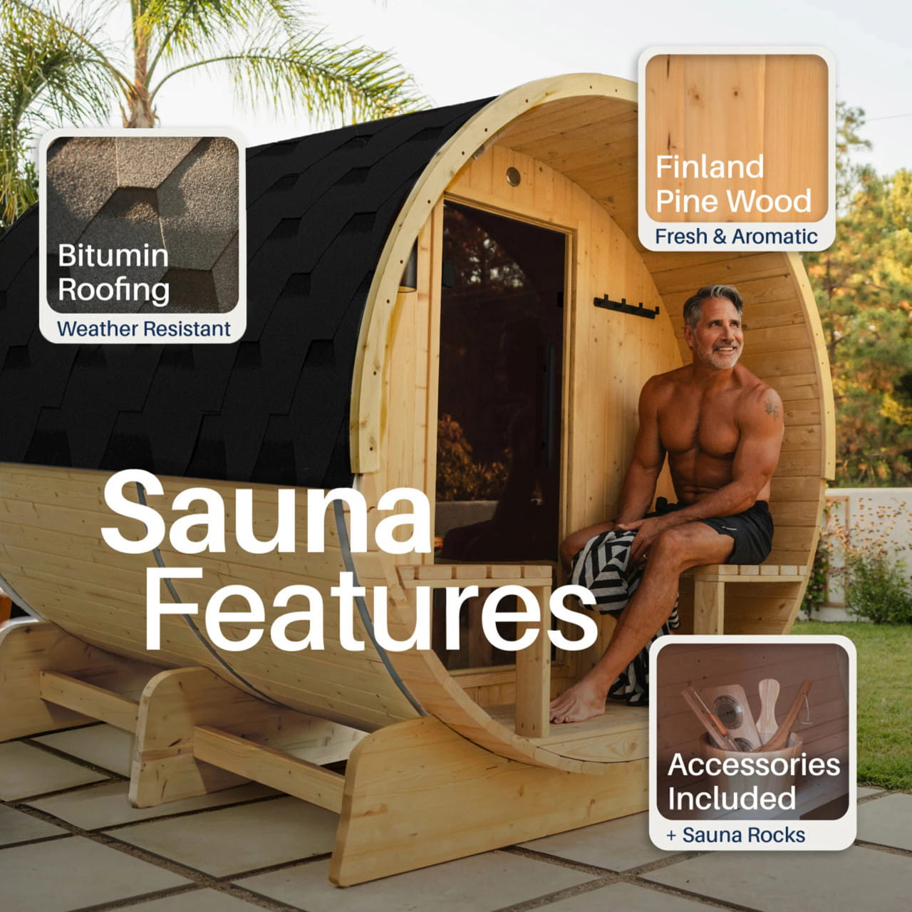 ALEKO Anémona 6–8 Person Finland Pine Barrel Sauna with Porch – Harvia