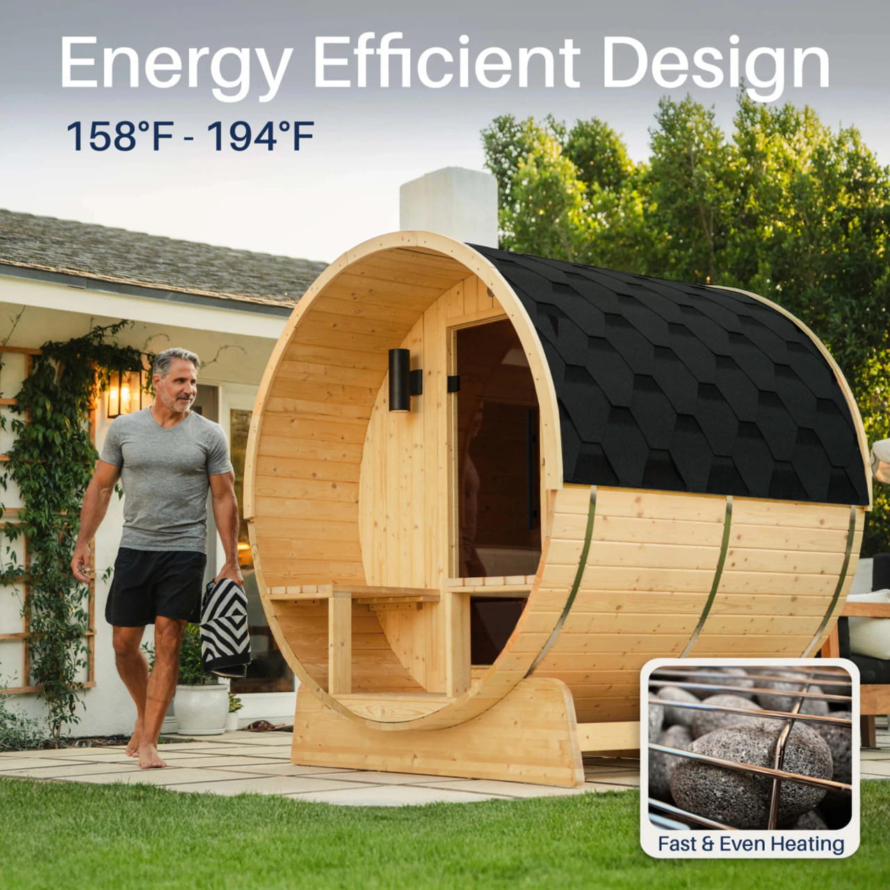 ALEKO Anémona 6–8 Person Finland Pine Barrel Sauna with Porch – Harvia
