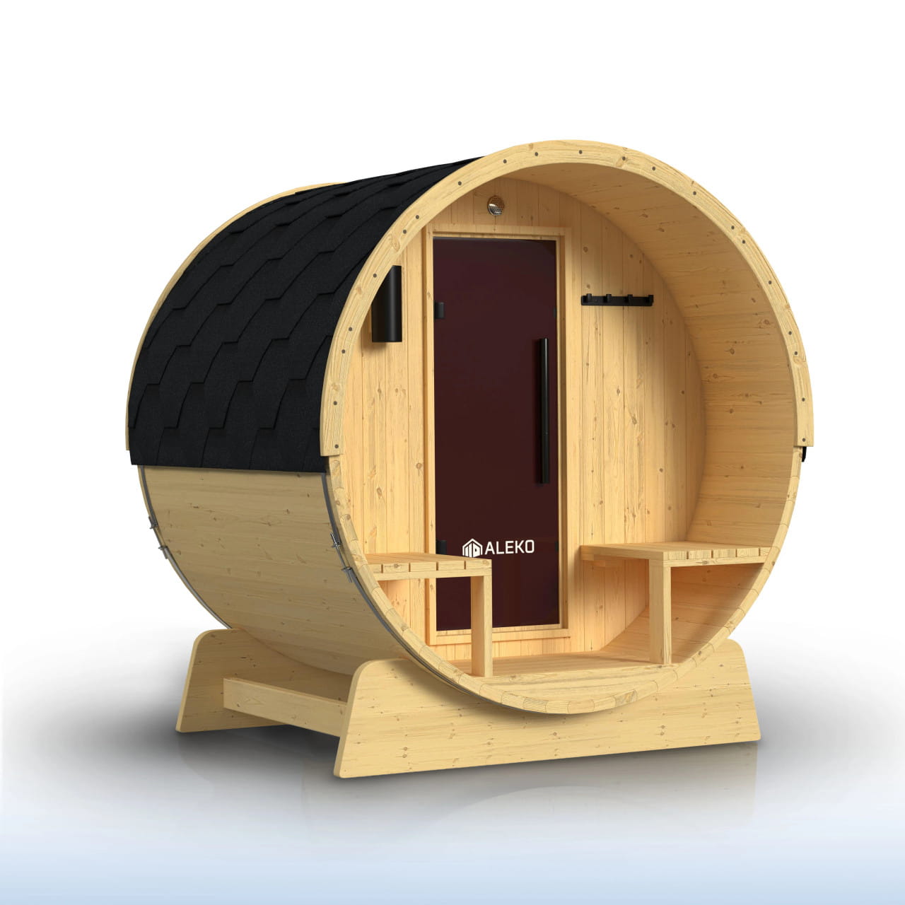 ALEKO Anémona Natural Finland Pine Barrel Sauna 2-4 Person Porch