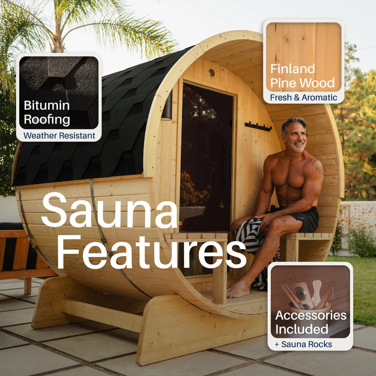 ALEKO Anémona Natural Finland Pine Barrel Sauna 2-4 Person Porch