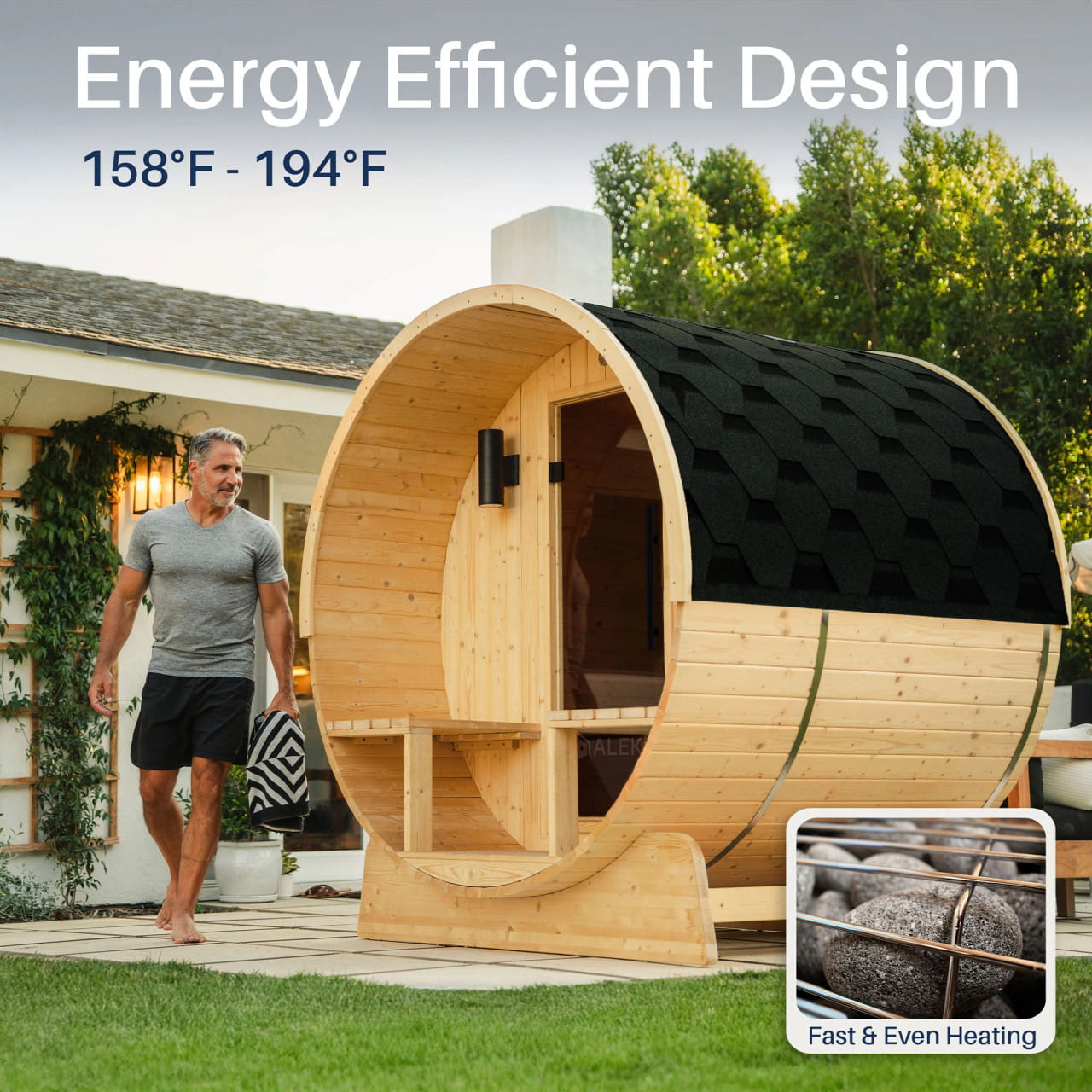 ALEKO Anémona Natural Finland Pine Barrel Sauna 2-4 Person Porch