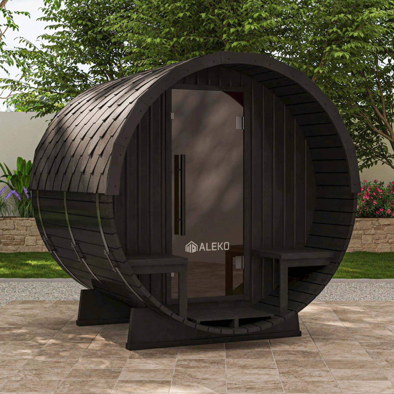 ALEKO Aster 3–5 Person Cedar Barrel Sauna with Porch – Bluetooth Black
