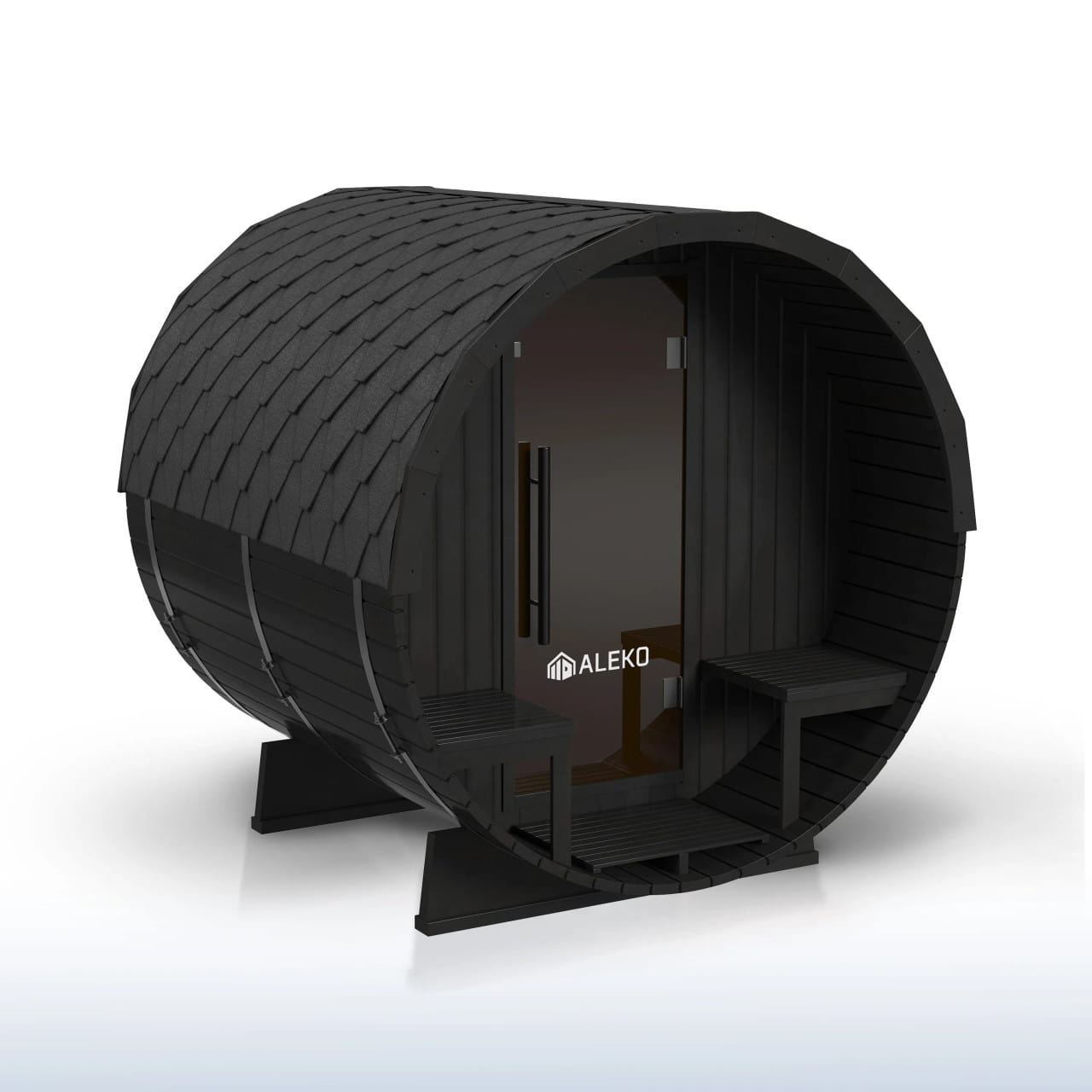 ALEKO Aster 3–5 Person Cedar Barrel Sauna with Porch – Bluetooth Black
