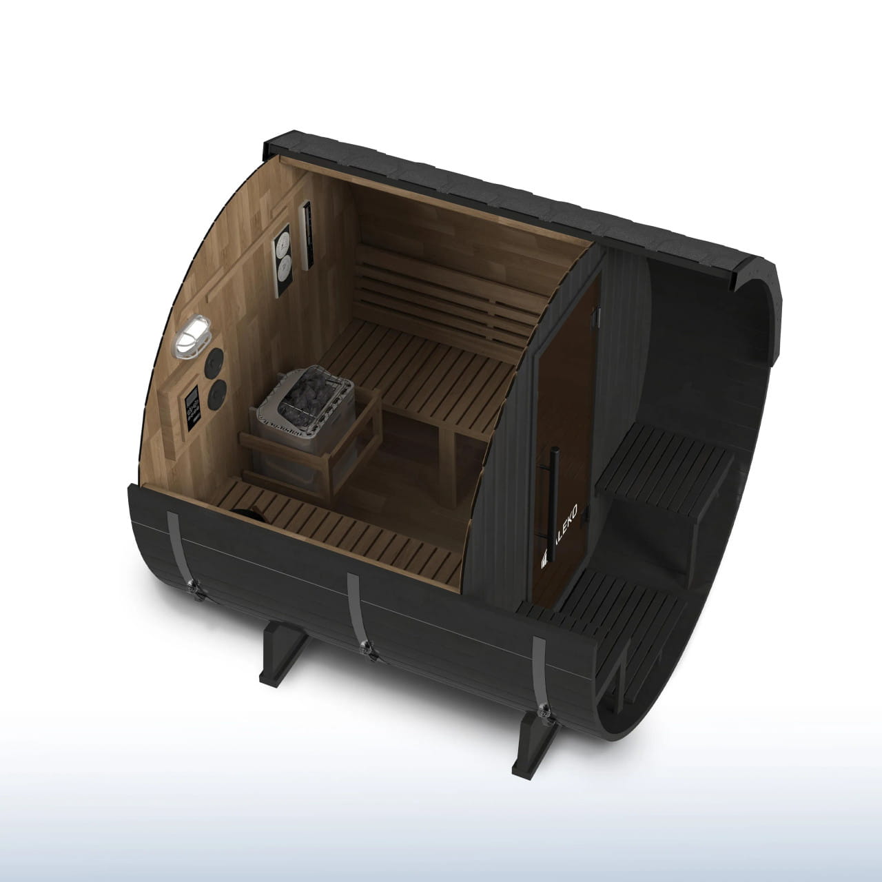ALEKO Aster 3–5 Person Cedar Barrel Sauna with Porch – Bluetooth Black