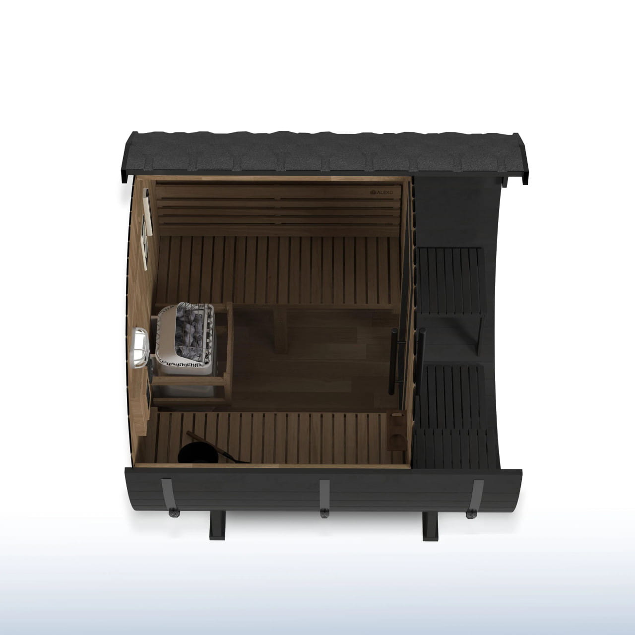 ALEKO Aster 3–5 Person Cedar Barrel Sauna with Porch – Bluetooth Black