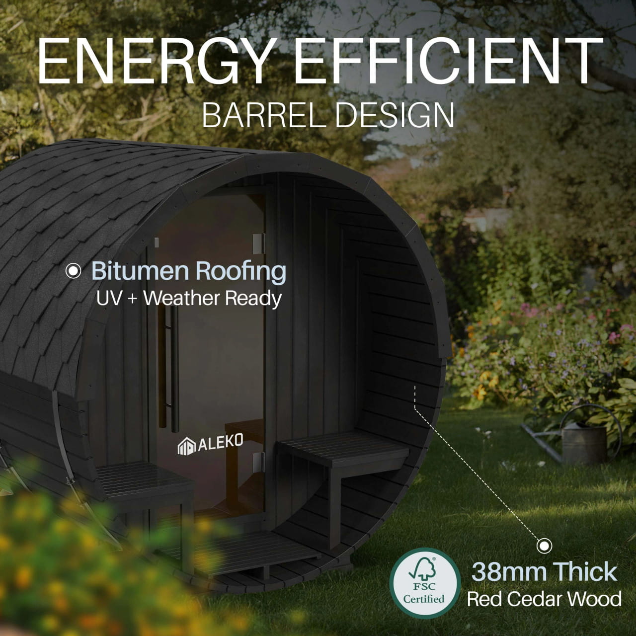ALEKO Aster 3–5 Person Cedar Barrel Sauna with Porch – Bluetooth Black