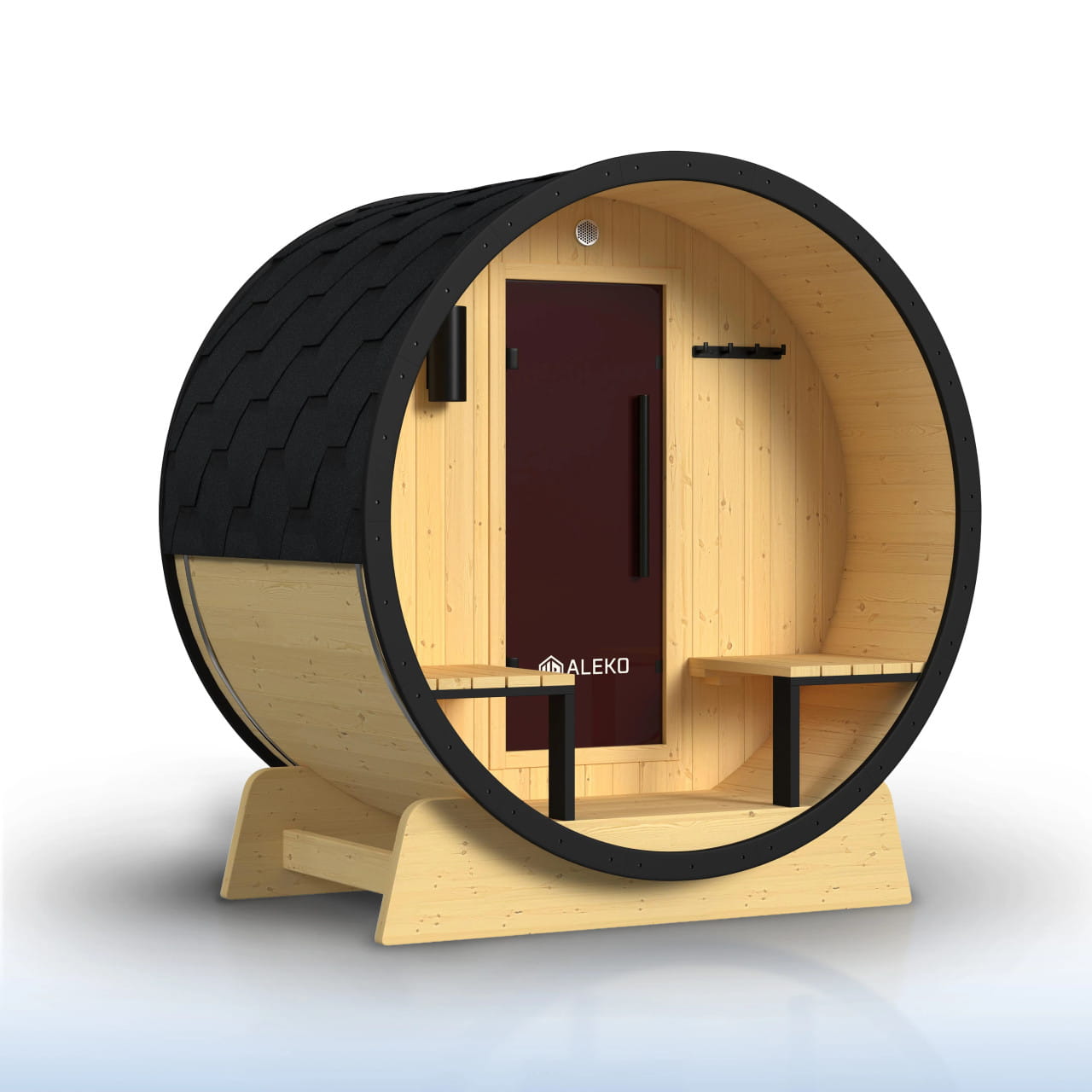ALEKO Celasia 2–4 Person Finland Pine Barrel Sauna Porch & Black Accents