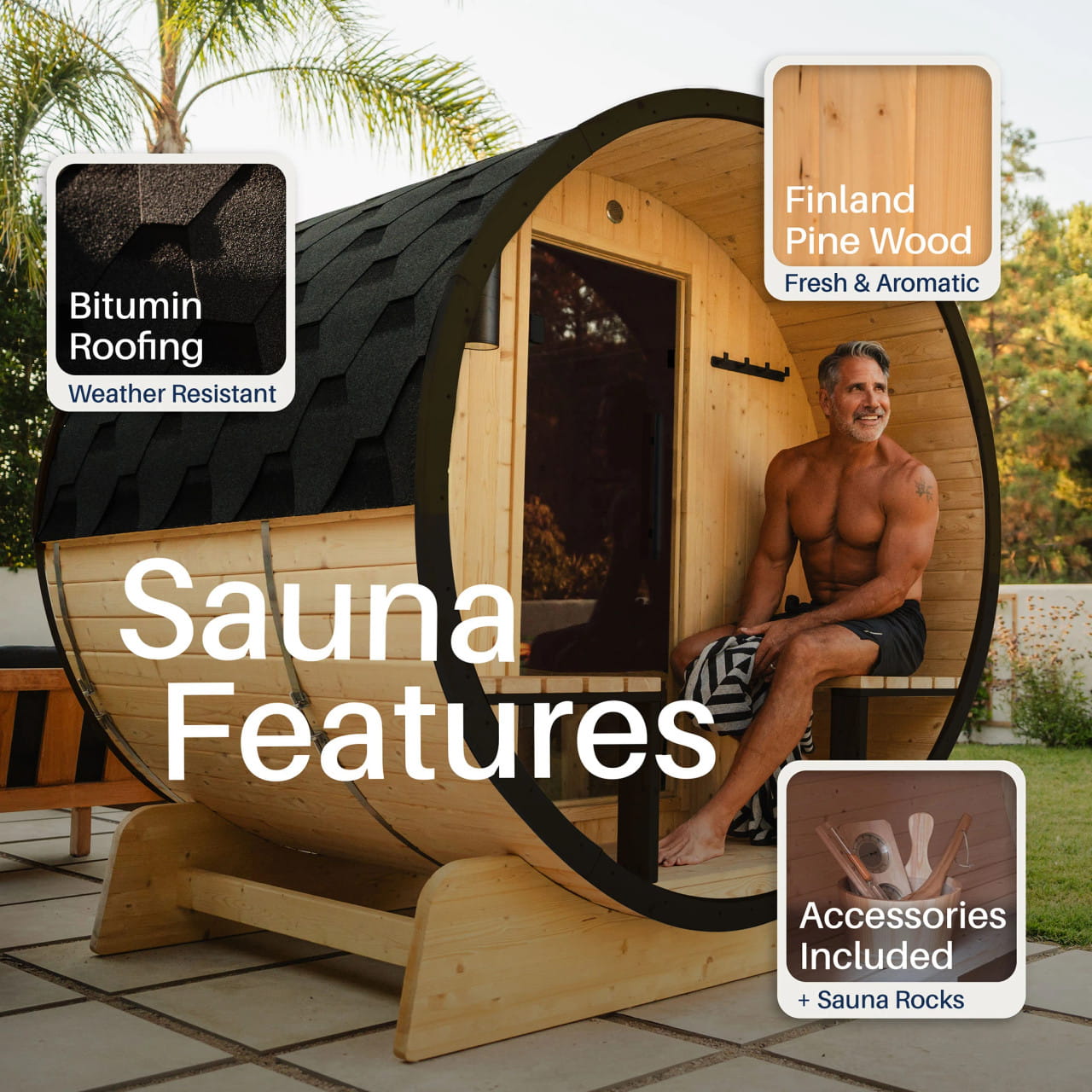ALEKO Celasia 2–4 Person Finland Pine Barrel Sauna Porch & Black Accents