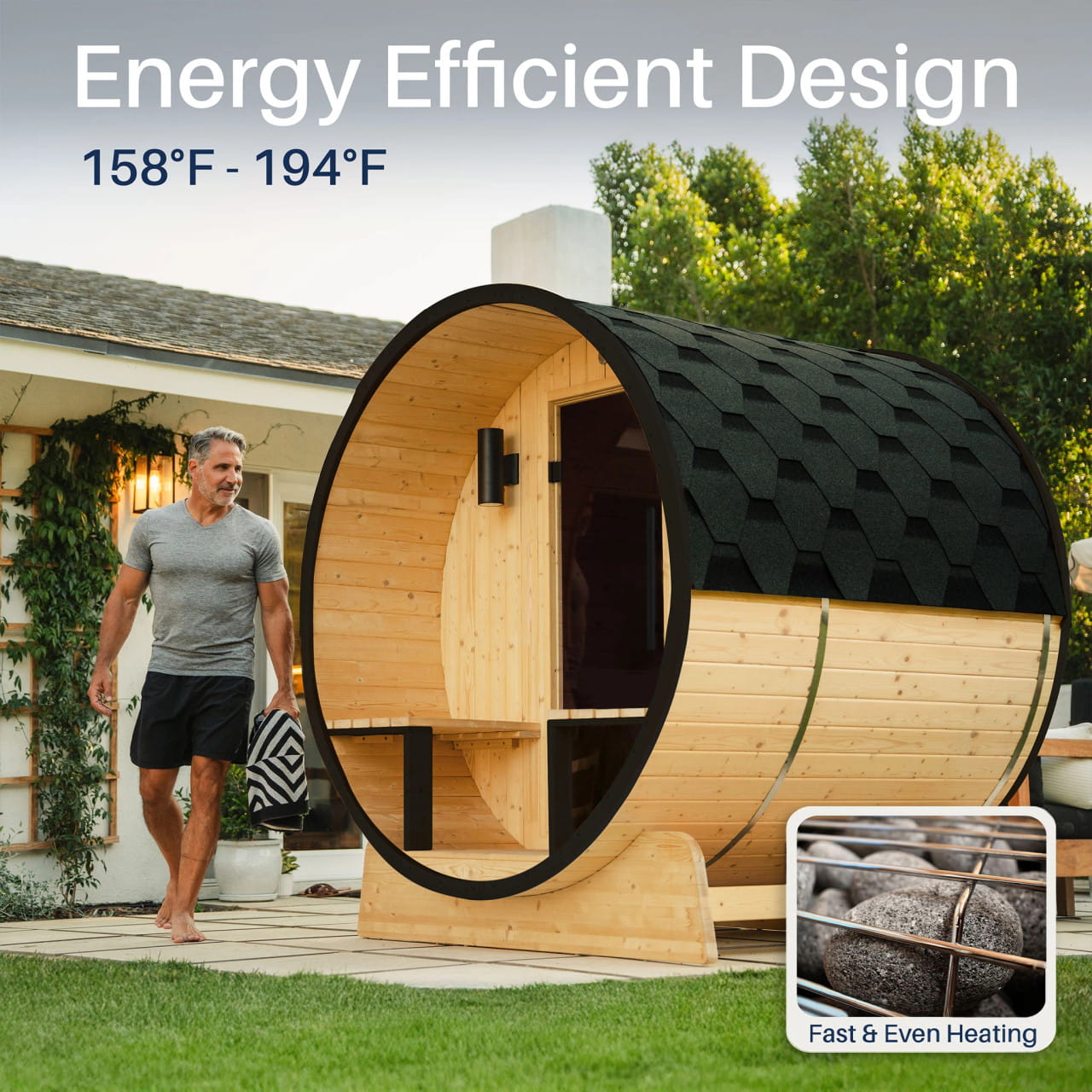 ALEKO Celasia 2–4 Person Finland Pine Barrel Sauna Porch & Black Accents