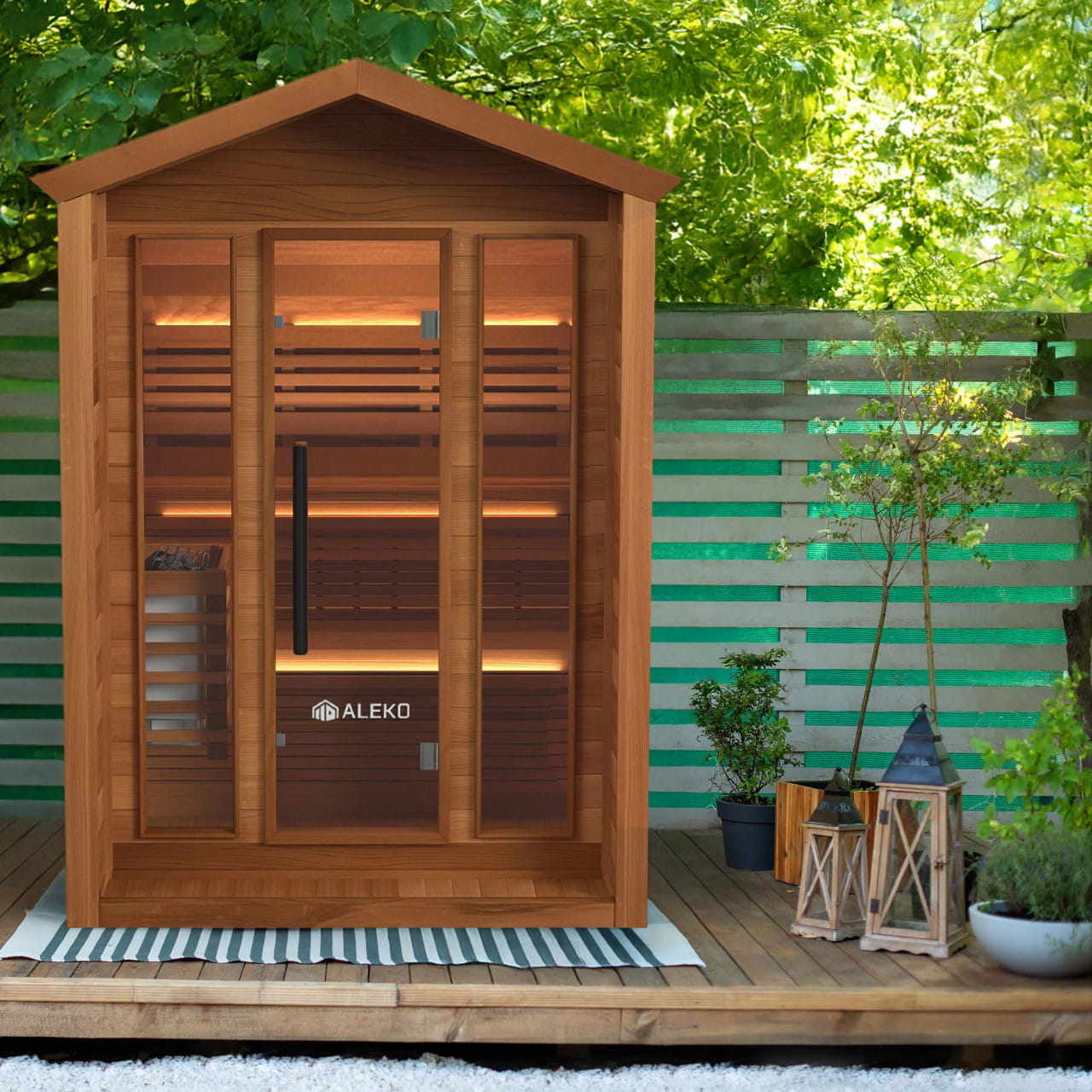 ALEKO Fiesta 3–4 Person Red Cedar Outdoor Sauna – Aluminum & Bluetooth