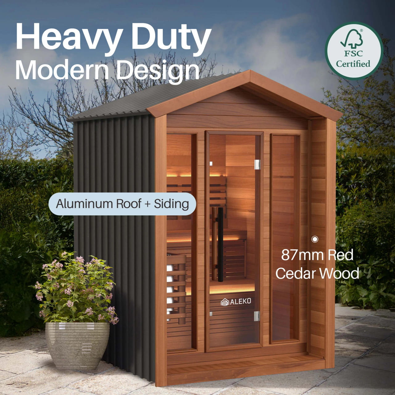 ALEKO Fiesta 3–4 Person Red Cedar Outdoor Sauna – Aluminum & Bluetooth
