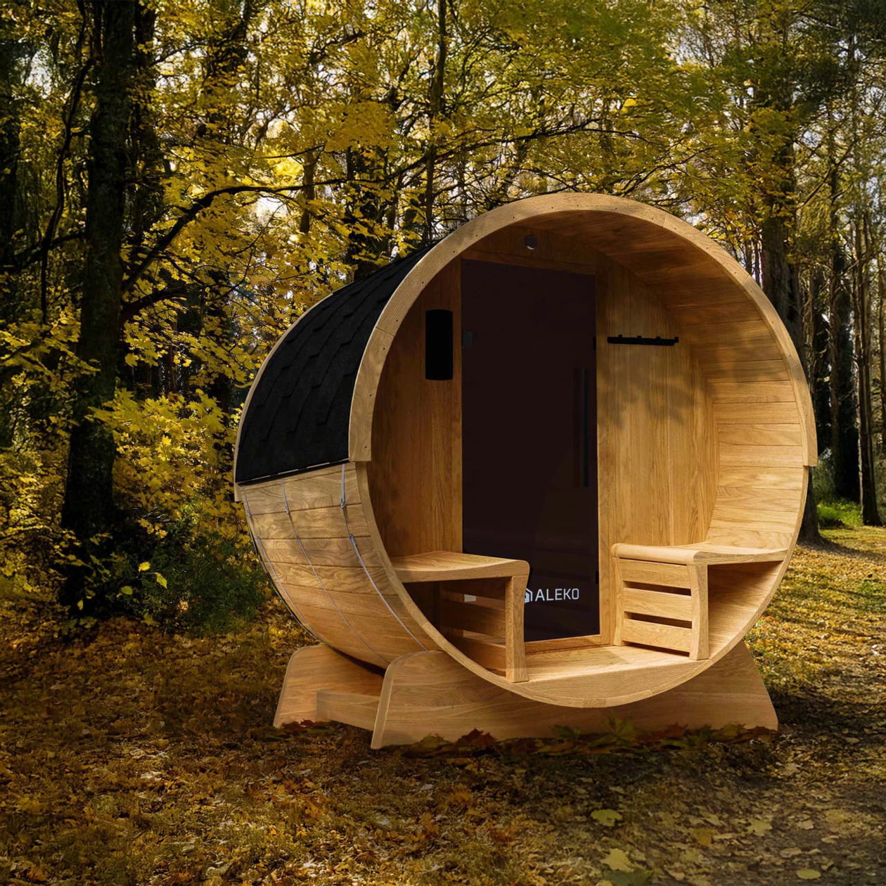 ALEKO Liatris Cedar Barrel Sauna 2-4 Person with Front Porch Canopy