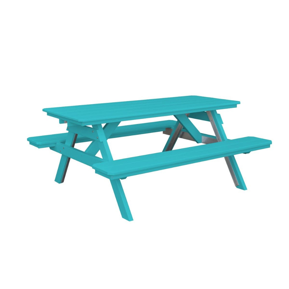 A&L Furniture 6 ft poly lumber picnic table with attached benches aruba blue finish angled view