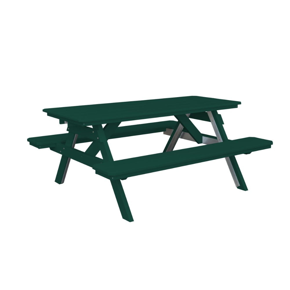 A&L Furniture 6 ft poly lumber picnic table with attached benches green finish angled view