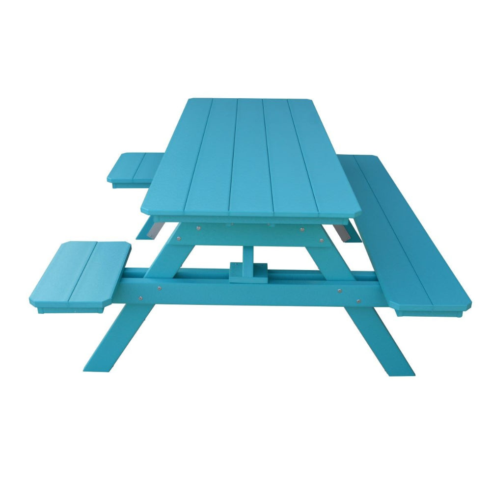 A&L Furniture 6 ft Aruba Blue poly lumber picnic table front view attached benches hardware detail