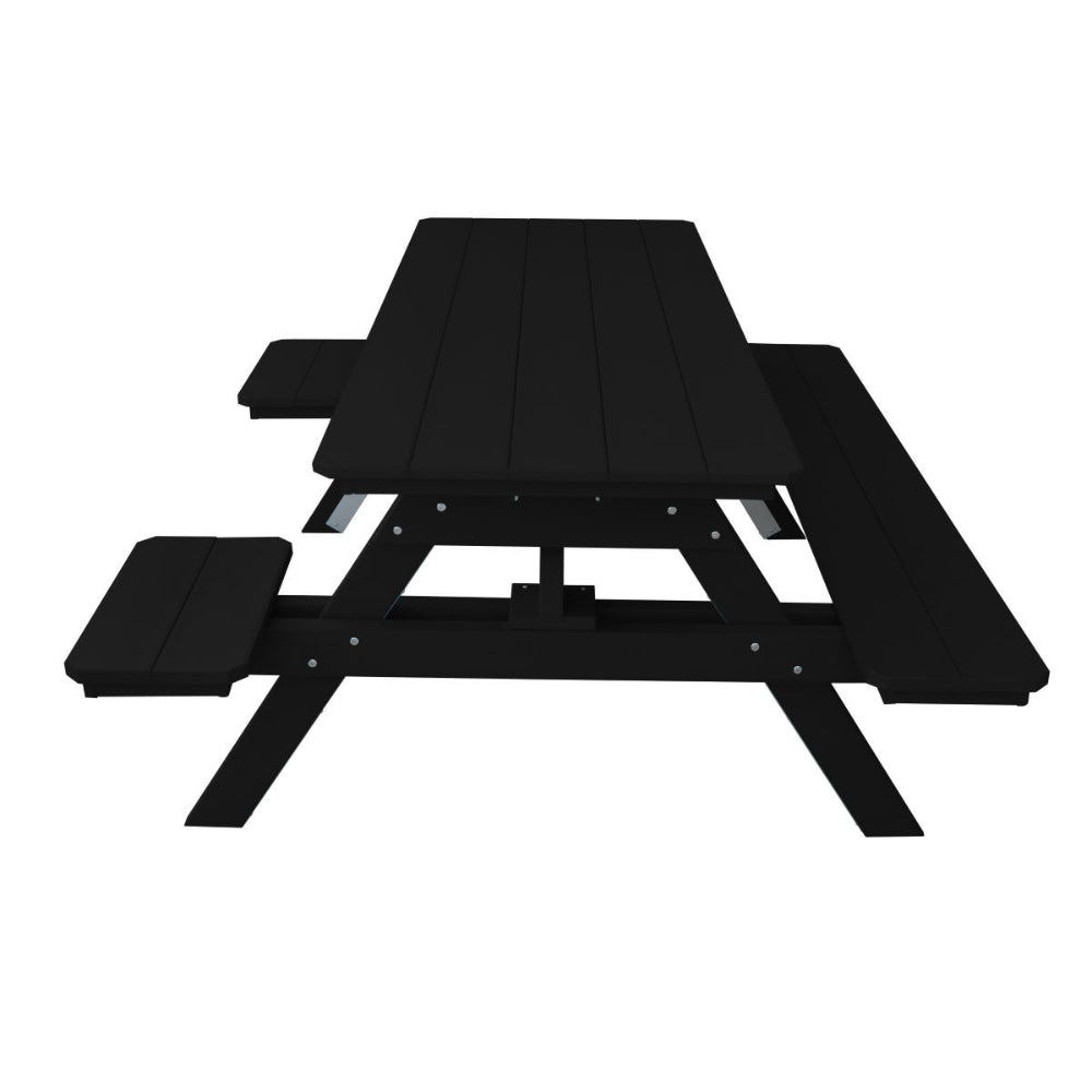 A&L Furniture 6 ft Black poly lumber picnic table low angle side view attached benches